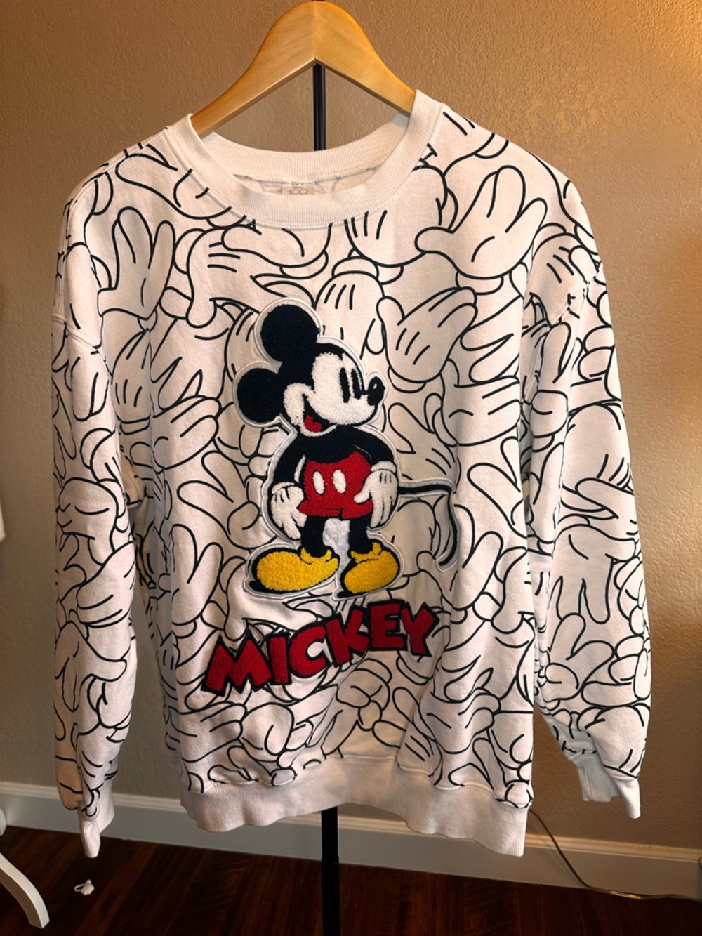 Disney White Mickey Mouse Graphic Sweatshirt with Red & Yellow Accents